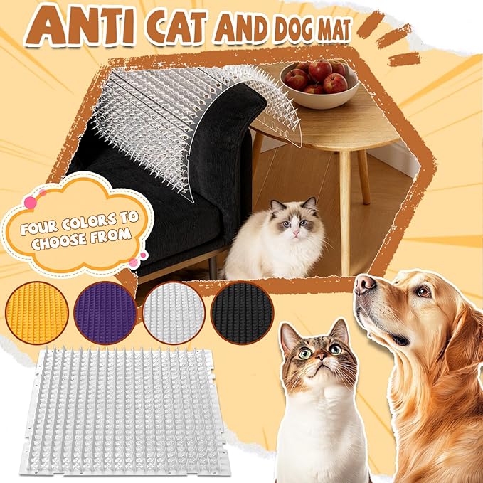 Pet Deterrent Mat with Spikes, Cat Scat Mat for Couch, Keep Dogs Off Furniture, Reusable Cat Repellent Mat for Indoor/Outdoor Use, 4 Pack (Clear)