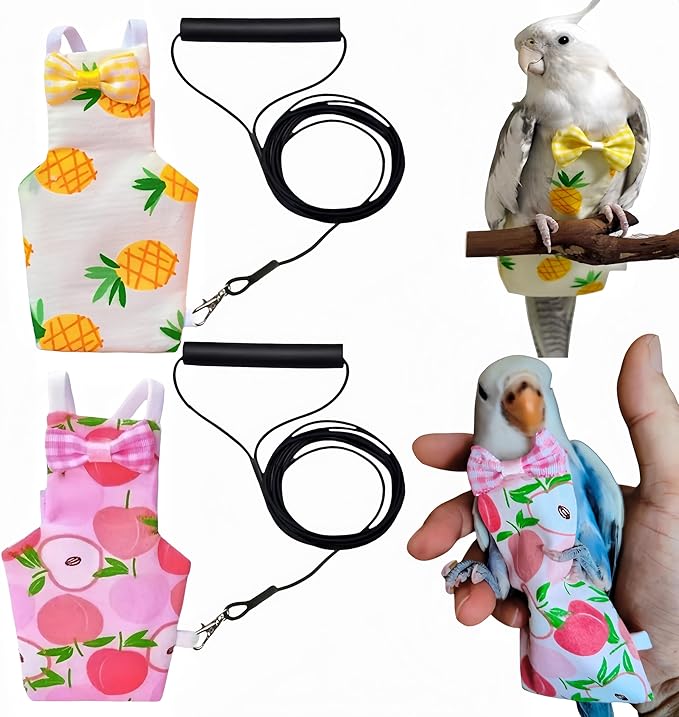 2Pcs Bird Diapers Bird Harness Flight Suits Diapers with 2Pcs 80 Inch Flying Leash Parrot Nappy Pigeon Pants Urine Wet Suit for Cockatiel Conure Macaw Budgies Parakeet-Apple&Pineapple