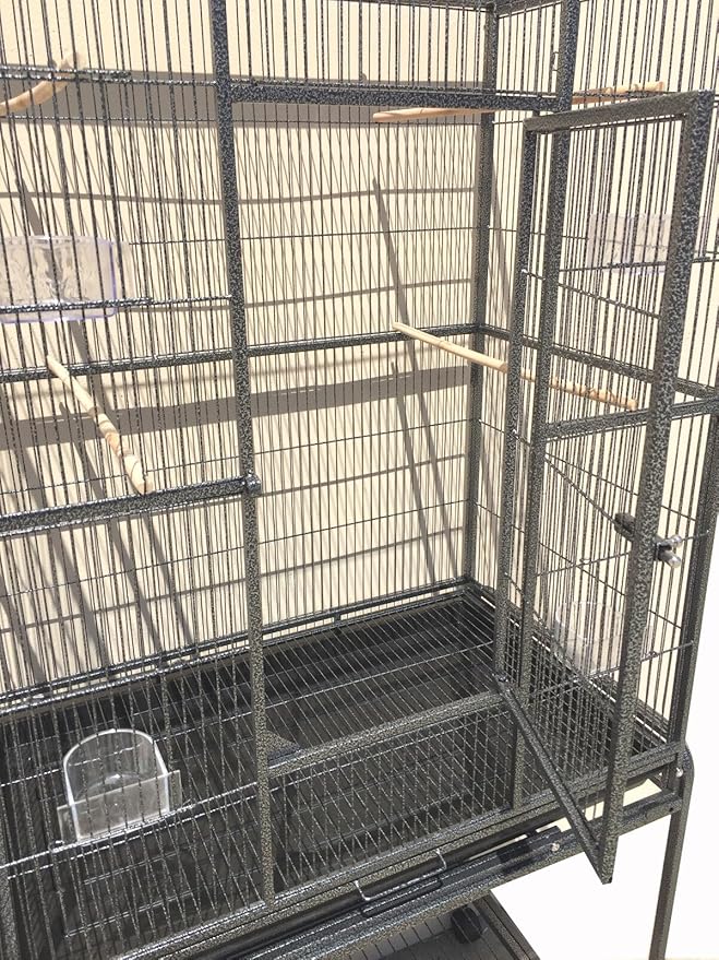 64" Extra Large Tight 1/2-Inch Bar Spacing Wrought Iron Flight Canary Parakeet Cockatiel Lovebird Finch Home Cage Side Nesting Box Doors with Removable Rolling Stand