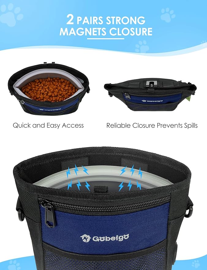 Gobeigo Dog Treat Pouch with Silicone Snack Bag, Front Pocket fits All Phones, 4 Cup Treat Bag with Training Clicker, Upgrade Stronger Magnetic Closure, 3 Ways to Wear Walking Fanny Pack (Navy Blue)
