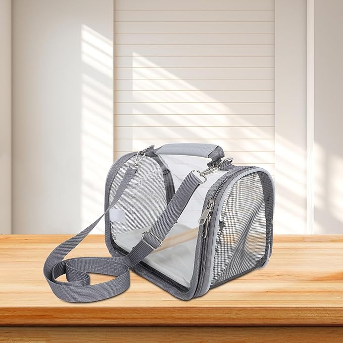 FRCOLOR Portable Small Bird Travel Cage with Wood Perch, Lightweight Grey Bird Carry Cage for Parakeets and Lizards, Outdoor Transport Carrier for Hiking and Vacations