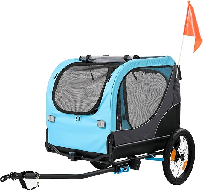 ClevrPlus 2-in-1 Pet Bike Trailer & Large Foldable Dog Stroller Pet Cart Carrier, Blue, 80 Lbs Capacity, Dog-Friendly Designs, Easy Folding Frame, Universal Bicycle Coupler, and Safety Flag