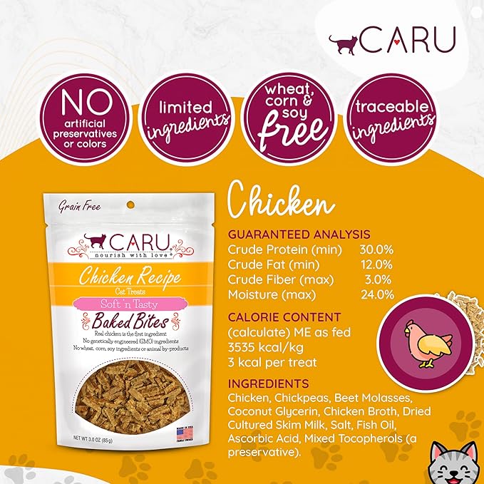Caru - Soft ‘n Tasty Baked Bites - Chicken Bites Cat Treats - Flavorful All-Natural Treats - 3 oz. (Pack of 2)
