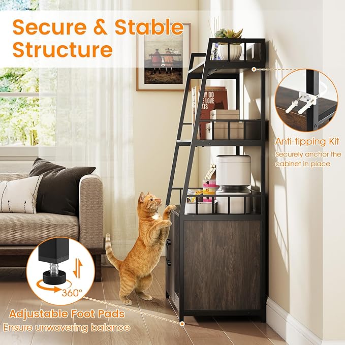 PETSITE Cat Litter Box Enclosure with Storage Shelves, 52 Inches Tall Hidden Litter Box with Charging Station, Scratching Board, and Winding Entry (Grey)