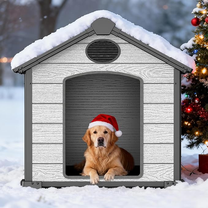 EHHLY 46" Large Dog House Outdoor Weatherproof, 3XL Big Dog House for Large Dog Outside, Insulated Igloo Pet House with Elevated Floor, Extra Durable Resin Plastic, 46Lx40Wx40H, Cemented Grey