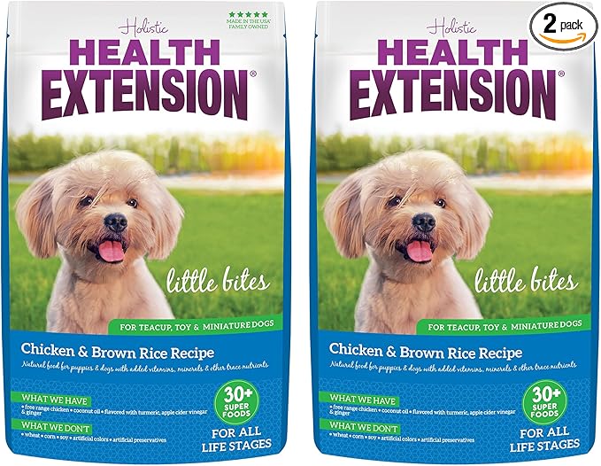 Health Extension Little Bites Dry Dog Food for Toy and Small Breeds, Chicken & Brown Rice Recipe, with Probiotics & Superfoods for Digestion & Coat Health, 1 lb Bag (Pack of 2)
