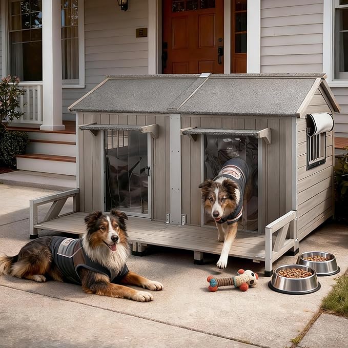 59" L Extra Large Dog House Outdoor for 2 Dogs, XL Wooden Dog House Pet Shelter Weatherproof with 2 Window, Openable Roof, All-Around Iron Frame, Removable Floor, Balcony for Large Small Dogs