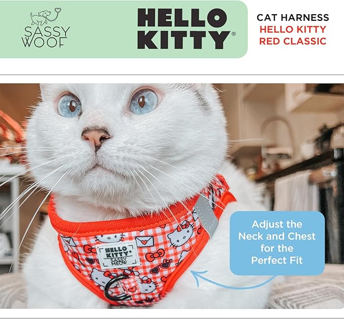 Sassy Woof Cat Step-in Harness - Hello Kitty® Red Classic - S, Breathable Mesh, No Pull Design with Two D-Rings, Perfect for Small Cats - Officially Licensed