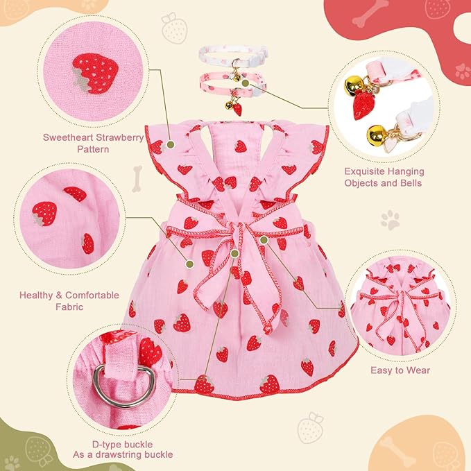 2-Piecs Cotton Detachable Pet Cat Dog Collar with Strawberry Pendant and Bell + 1-Piece Small Dog Cat Dress, Girl's Cat Costume, Cute Bow-Decorated Outfit, Strawberry Print Pet Birthday Set (Medium)
