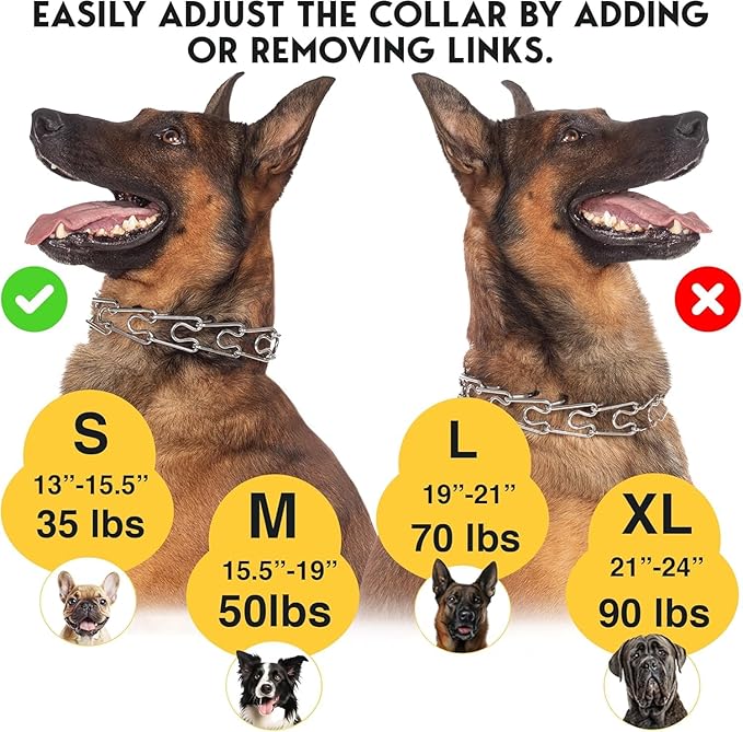 PetJett Prong Collar for Dogs Training Collar Adjustable Choke Collar Quick Release Pinch Collar for Small Medium Large Dogs No Pull Dog Collars Walking Tool - Stainless Steel Metal Choker Chain