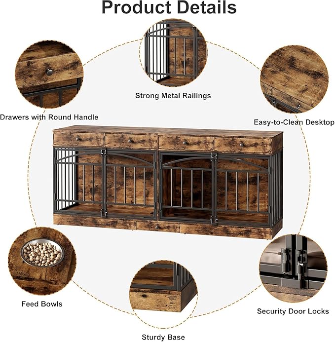 GAOMON Dog Crate Furniture for 2 Dogs, 78.7'' Large Dog Kennel Indoor with 4 Storage Drawers and Feeding Bowls, Double Dog Crate TV Stand for Small and Medium Dogs, Brown