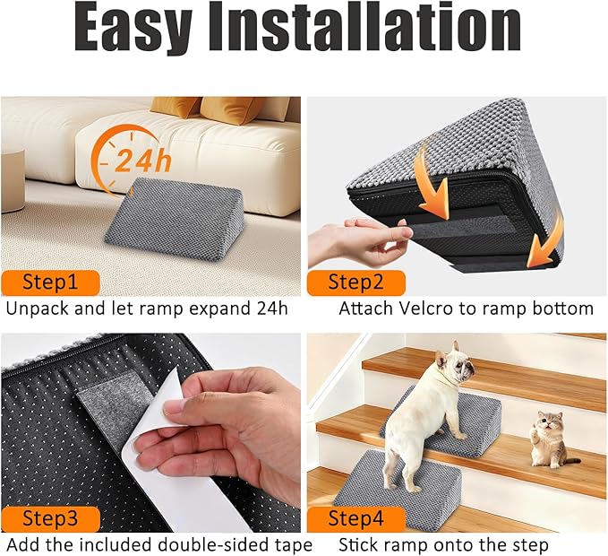 Dog Ramp for Stairs for Small & Senior Dogs and Cats – Non-Slip Stair Wedges for Dogs with Gentle Slope, Pet Ramp with Washable Cover & Self-Sticky Pads for Safe Climbing (Gray, 3 Pack)