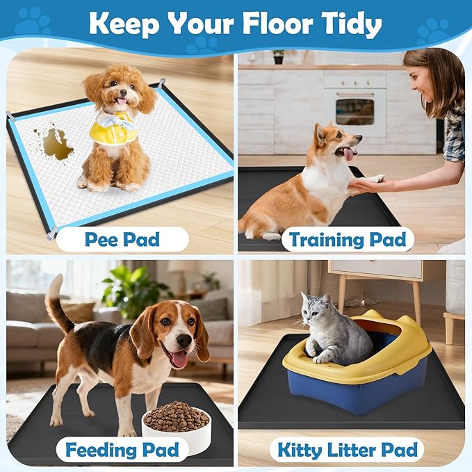 Dog Pee Pad Holder, Dog Potty Tray Silicone Puppy Pad Holder Tray Fits for 24" x 24" Training Pads, Puppy Potty Tray With 4 Clamps and No Spill Raised Lip High Edge for Indoor Floor Protection (Black)