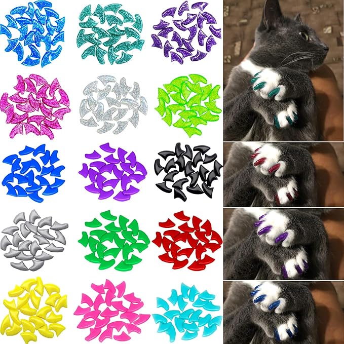 VICTHY 160pcs(16 Colors) Cat Nail Caps Cat Claw Caps Cat Nail Covers with Adhesives and Applicators (Large)