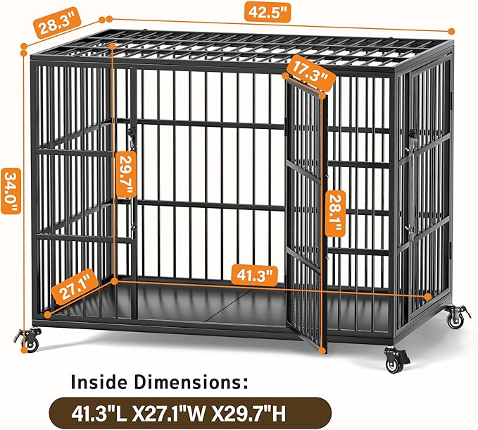 VERIFURTY 42 Inch Heavy Duty Dog Crate for Large and Medium Dogs with Self-Locking Latch, Escape-Proof Steel Kennel Indoor, XL Large Double Door Metal Pet Cage with Wheels