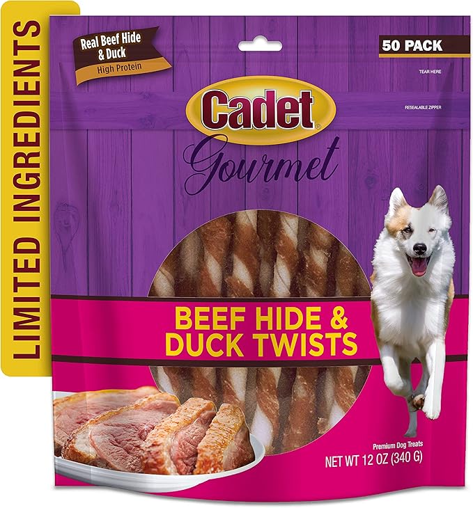 Cadet Gourmet Twists Sticks- Long Lasting & Natural Dog Treats for Large & Small Dogs Beef Hide & Duck - Inspected & Tested in USA (50 Count) (Pack of 2)