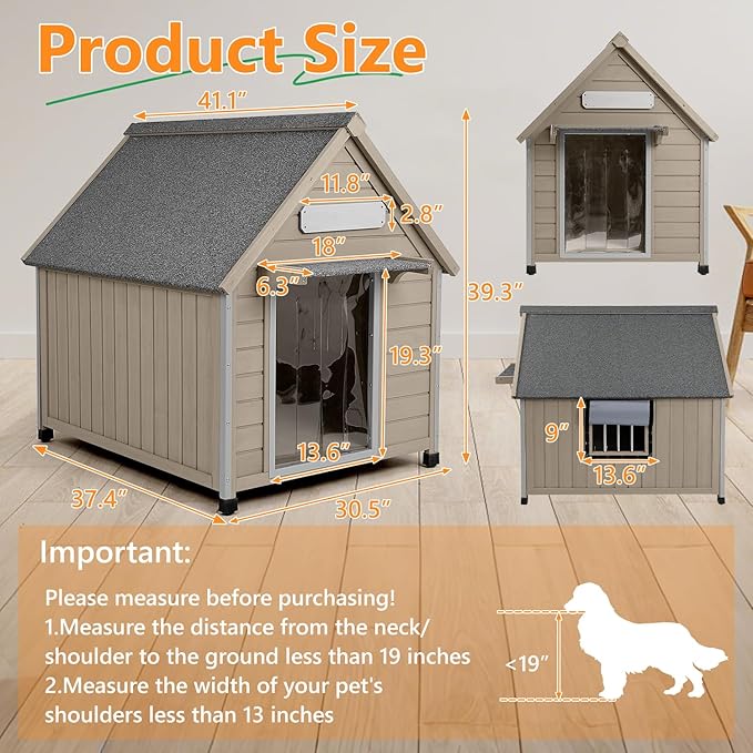 Large Dog House Outdoor with Window, Wooden Outdoor Dog House Kennel with Chew-Proof Iron Frame, Waterproof Roof, Doghouse Puppy Shelter for Dogs, 37.4''W x 30.5'L'x 39.3''H