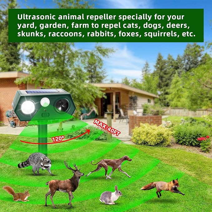 2026 Solar Sonic Racoon Fortress Pro Outdoor Cat Repellent, Ultrasonic Animal Repeller Deer Repellent Devices Squirrel Rabbit Deterrent with Motion Sensor&Light to Scare Dog Out of Garden Yard Farm(4)