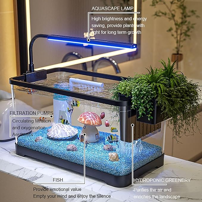 Fish Tank Aquarium Kit,Turtle Tank Kit with 3-in-1 Silent Water Pump Filter System, Self Cleaning Aquarium Starter Kit with LED Light Suitable for Small Fish Or Shrimp,Bottom Drainage(X-Large)