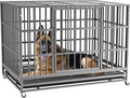 LEMBERI 38 inch Heavy Duty Indestructible Dog Crate, Escape Proof Dog Cage Kennel with Lockable Wheels,High Anxiety Double Door Dog Crate,Extra Large Crate Indoor for Large Dog with Removable Tray