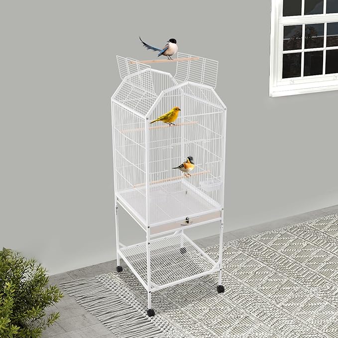 Large Bird Cage with Stand & Wheels, Freestanding Parakeet Birdcage, 53.5 Inch Bird Flight Cages for Parrot Canaries Cockatiels Budgie Parrotlet (White-B)