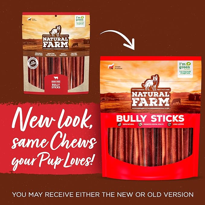 Natural Farm Odor Free Bully Sticks (4 Inch, 25 Pack) for Small & Medium Dogs - 100% Beef Chews for Pups, Non-GMO, Grain-Free, Fully Digestible Long Lasting Dog Treats