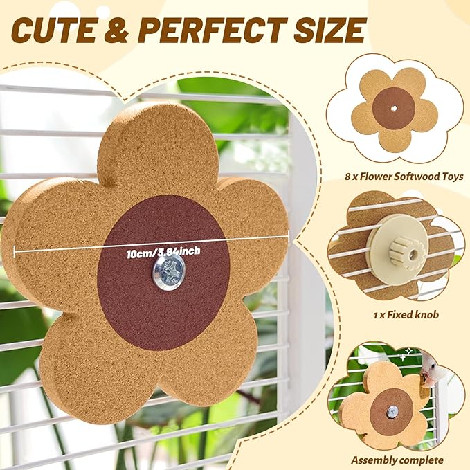 4 Pieces Bird Chew Toy, Natural Parrot Cork Foraging Training Toys for Relieve Boredom & Anxiety, Parrot Rotating Cork Chew Toy for Macaws, Conures, Budgies, Finches, Cockatiel