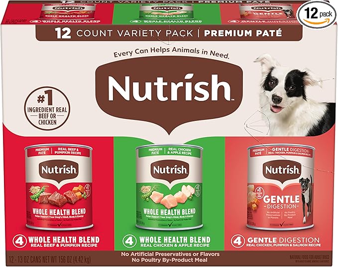 Nutrish Gentle Digestion and Whole Health Blend Premium Paté Variety Pack Wet Dog Food, 13 oz. Can, Pack of 12, Packaging May Vary (Rachael Ray)