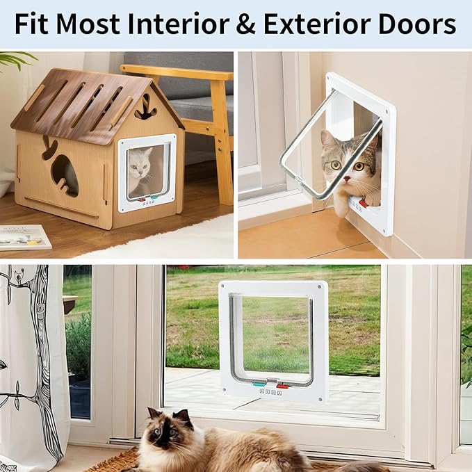 Cat Door for Interior Exterior Door (Outer Size 9.8" x 9.3"), 4-Way Locking Flap for Cats & Dogs(Circumference < 23"), Weatherproof Pet Door, White, ABS Material (L)