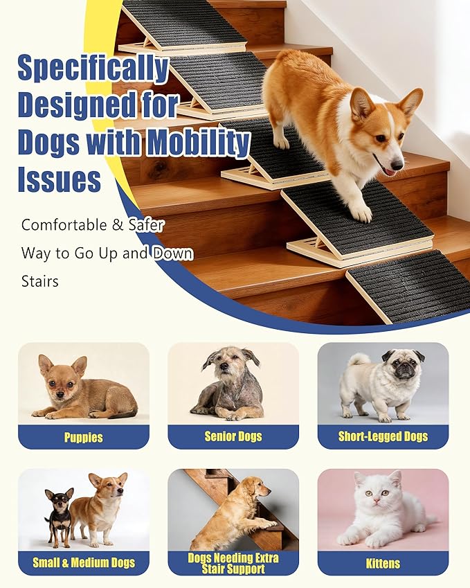 Anti-Slip Dog Steps for Stairs, 6 Pack Foldable Wooden Pet Ramp for Small Dogs, Low-Angle Stair Support for Senior, Injured, Short-Legged & Mobility-Limited Pets