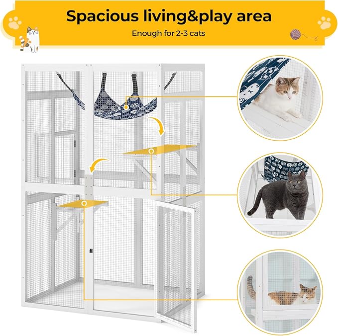 COZIWOW Upgraded Catio Outdoor Cat Enclosure Window Access, Wooden Cat House Shelter, Kitty Cage with Platforms & Hammock Patio Indoor (White)