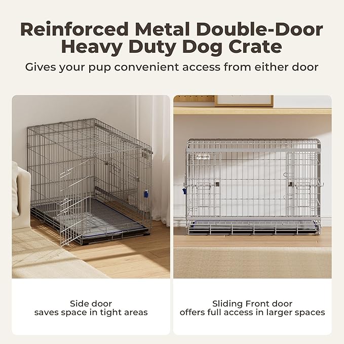 36 Inch Sliding Door Dog Crate - Heavy Duty Collapsible Dog Crates for Medium Dogs (30-70lbs), Double Door Metal Dog Kennel Cage with Soft Mat, Leak-Proof Tray, Easy Foldable & Assembly