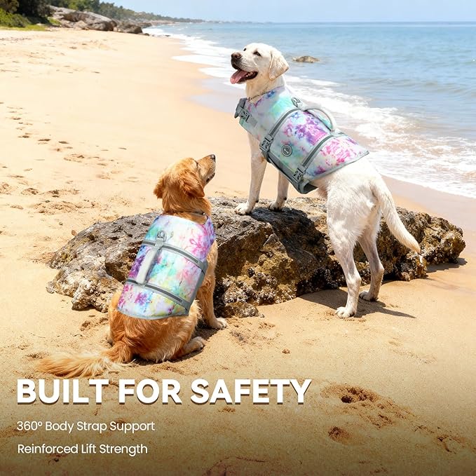 VIVAGLORY Rip Stop Dog Life Vest, Swimming Vest with Handle, Buoyancy for Doggy Puppy, Dog Life Jacket for Swimming & Boating, S, Multicolor