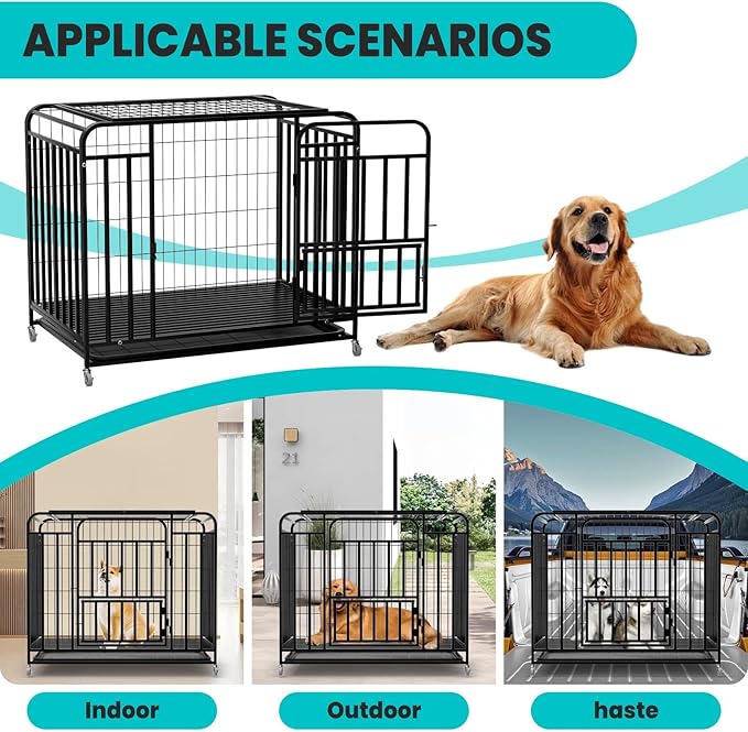 43.3×29.5×35.4 in Heavy Duty Dog Crate, Alloy Steel Material Dog Kennel, with 3 Doors 4 Lockable Wheels 1 Removable Trays, Dog Cage Kennel for Small to Medium Dogs (43 in)