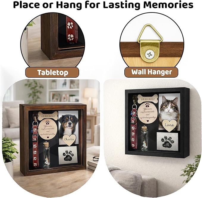 8.6'' Pet Memorial Gift Shadow Box Black Collar Holder Picture Frame Pet Paw Ink Kit Dog Wooden Sculpture Bottle Rainbow Pet Hair Keepsake Gift Loss of Dog Cat Tabletop Wall Hanging PSD-4B