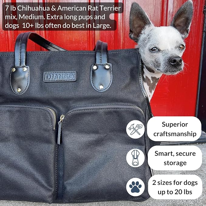 DJANGO Waxed Canvas & Leather Dog Carrier Tote Bag – Premium Soft-Sided Travel Dog Purse with Safety Leash, WR Lining, Zipper Pockets – Everyday Pet Carrier for Small Dogs up to 20 lbs (Black, Large)