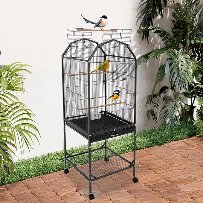 Bird Cage with Wheels, Open Top Breeding Cage Wrought Iron Flight Cage with Rolling Stand, Removable Tray & Feeding Bowls for Parrots, Canaries, Lovebirds Finches, 18" L x 18" W x 54" H