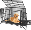 49 Inch Heavy Duty Dog Crate with Wheels, Escape Proof Metal Kennel with 3 Doors & Removable Tray for Large Medium Dogs, Black