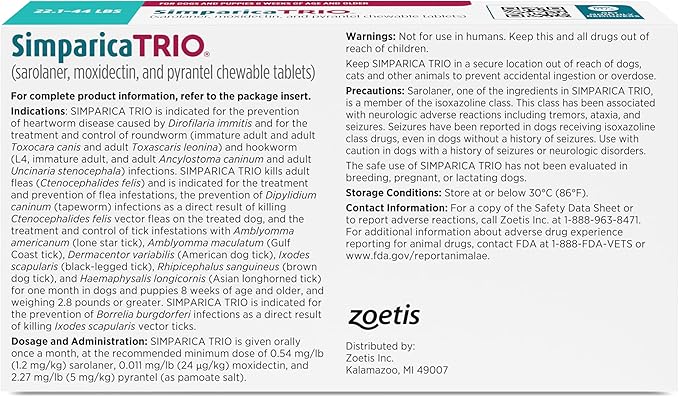 Simparica Trio (sarolaner, moxidectin, and pyrantel chewable Tablets) Chewables for Dogs, 24 mg/tab, 22.1-44 lbs, (Blue), 6 Tablets