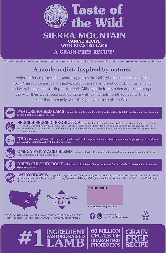 Taste of the Wild Sierra Mountain Grain-Free Canine Recipe with Roasted Lamb Dry Dog Food for All Life Stages, Made with Protein from Real Lamb and Guaranteed Nutrients and Probiotics 28lb