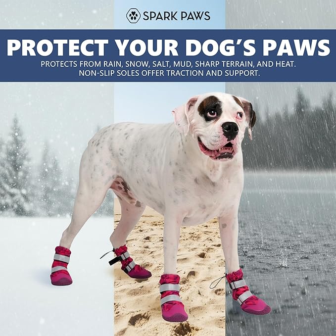 Spark Paws Dog Shoes, Waterproof Dog Boots for Medium to Large Dogs, Non Slip, Breathable Dog Booties and Paw Protectors - 4PCS Doggie Hiking Boots with Reflective Straps, Pink Camo, Size 6
