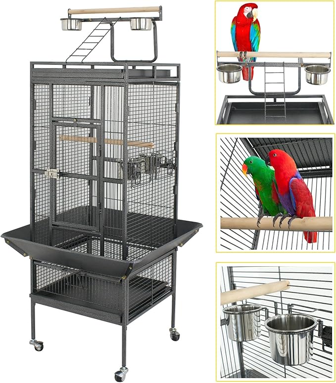 LEMY 61 inch Iron Play Top Bird Cage Large Pet Cage Birdcage with Stand Chinchilla Macaw Cockatiel Cockatoo Finch Parakeet Pet House (61 inch)