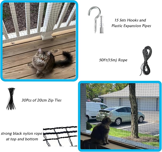JUNFLYING Cat Netting Balcony 10x20 FT, Wire-Free Pet Protection Mesh for Fall Prevention, Heavy-Duty Catio Screen Barrier for Apartment, Window, Staircase, Terrace and Patio