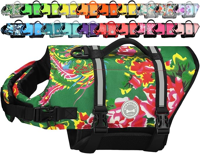 VIVAGLORY Rip Stop Dog Life Vest, Swimming Vest with Handle, Buoyancy for Doggy Puppy, Dog Life Jacket for Swimming & Boating, M, Northeast Florals-Green