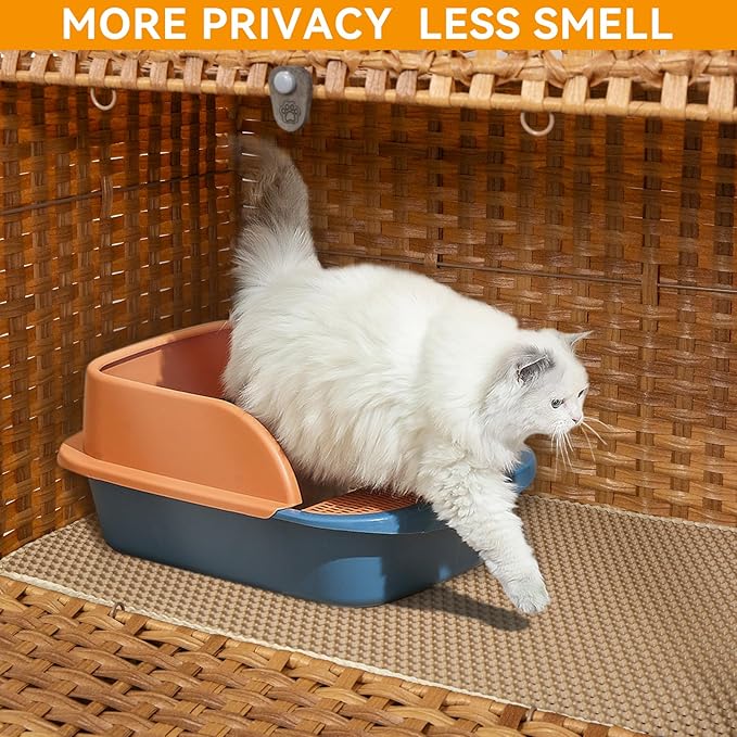 Cat Litter Box Enclosure Furniture Hidden with Soft Mat,Handwoven Rattan Cat House with Door for Large Cats Stylish Hidden Washroom Furniture for Living Room, Bedroom, or Balcony,Natural