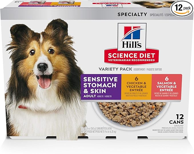Hill's Science Diet Adult Sensitive Stomach & Skin Wet Dog Food Variety Pack, Chicken & Vegetable, Salmon & Vegetable, 12.8 oz. Cans, 12-Pack