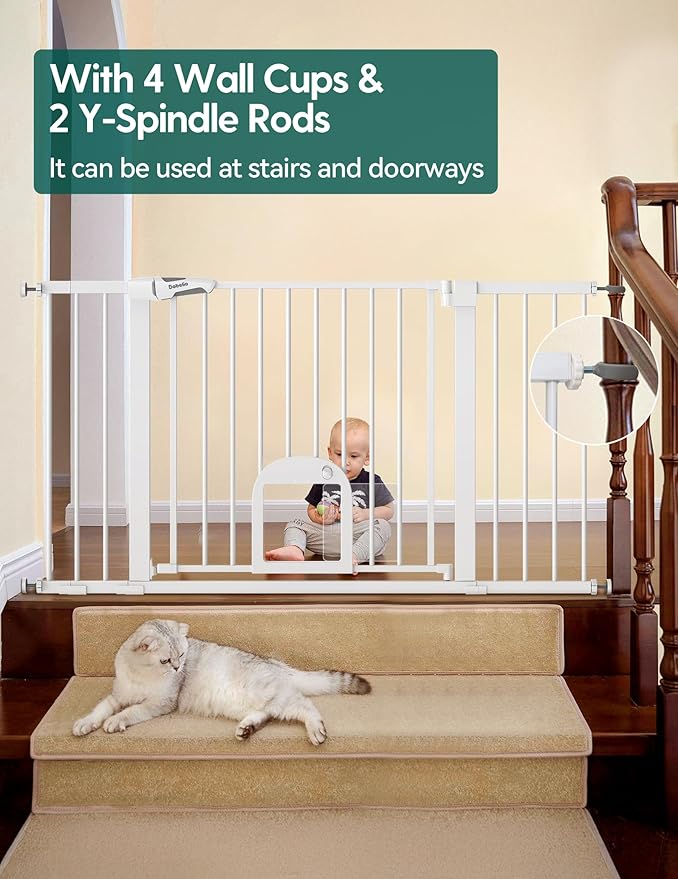 Babelio 36.5-57" Extra Wide Baby Gate with Cat Door, CatPrivilege Ⅲ, Auto Close & Two Way Swing, Pressure Mounted Dog Gates for Stairs, Doorways, Includes 4 Wall Cups and 3 Extension Pieces,White