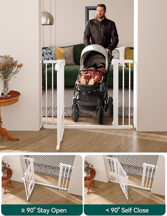Babelio 36.5-57" Extra Wide Baby Gate with Cat Door, CatPrivilege Ⅲ, Auto Close & Two Way Swing, Pressure Mounted Dog Gates for Stairs, Doorways, Includes 4 Wall Cups and 3 Extension Pieces,White