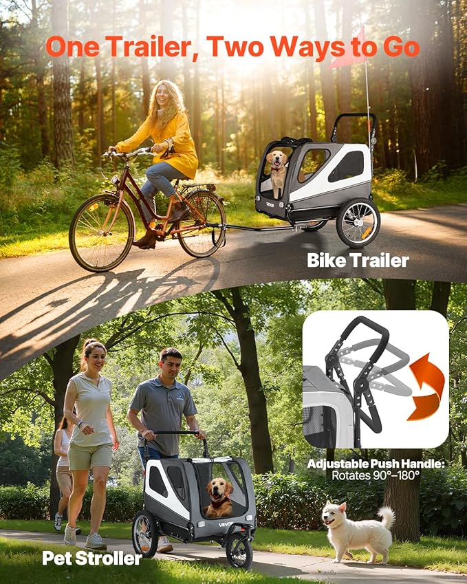 VEVOR Dog Bike Trailer, Supports up to 66/88/100 lbs, 2-in-1 Pet Stroller Cart Bicycle Carrier, Easy Folding Cart Frame with Quick Release Wheels, Universal Bicycle Coupler, Reflectors, Flag