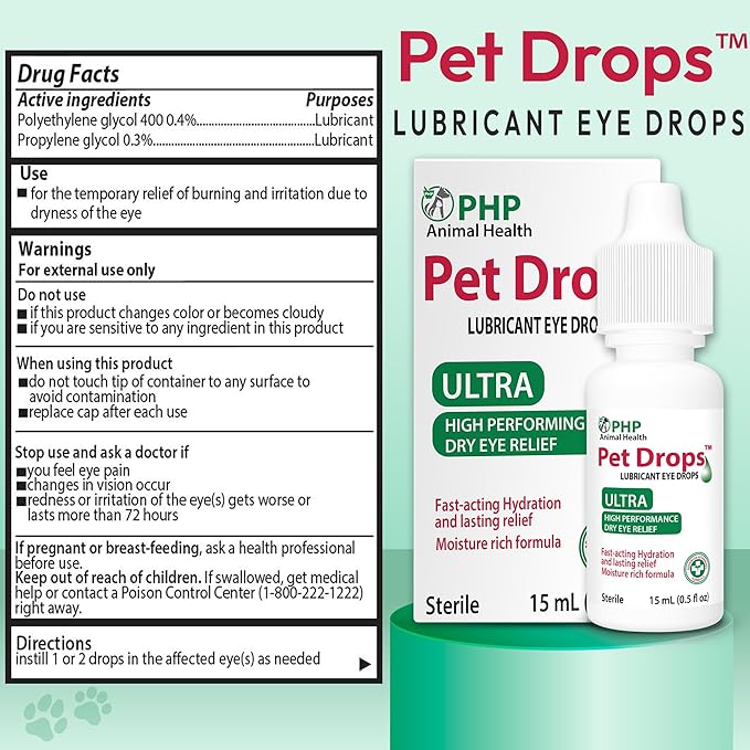 Ultra Lubricant Pet Drops 15 ml - Eye Drops for Cats and Dogs - Moisture Rich Formula, Fast Acting Hydration Dogs Eye Drop for Dry Eyes, Artificial Tears for Extra Dry Eye (U.S Made)